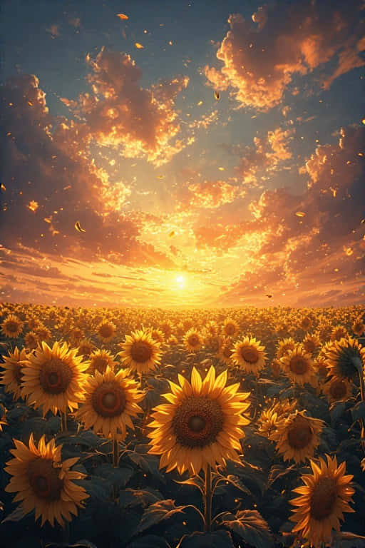 Sunset Over Sunflower Field Dreamy Summer 4K 壁紙 — 一片金色向日葵田在戲劇性的日落天空下延伸，伴隨著發光的雲朵和飄浮的花瓣。