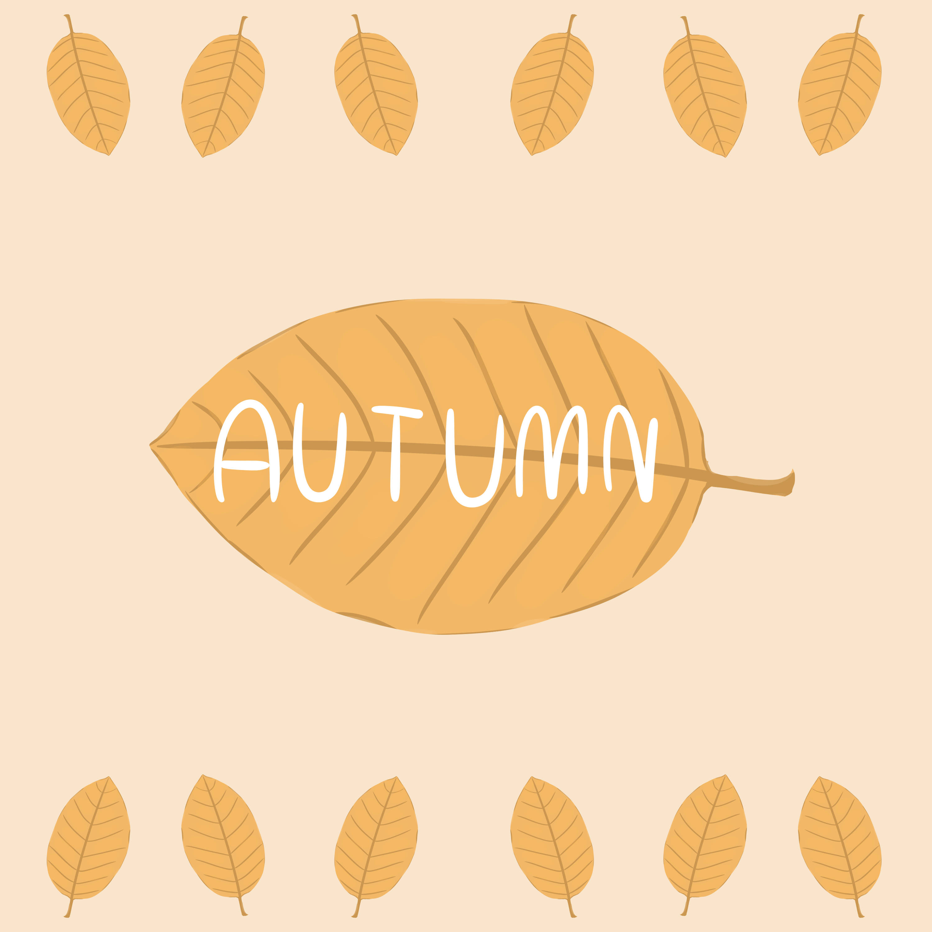 Fall Leaves 桌布 壁紙 — 一片金色大樹葉，中間以白色寫著「秋天」二字，置於柔軟米色背景上，周圍排列著較小的秋葉。