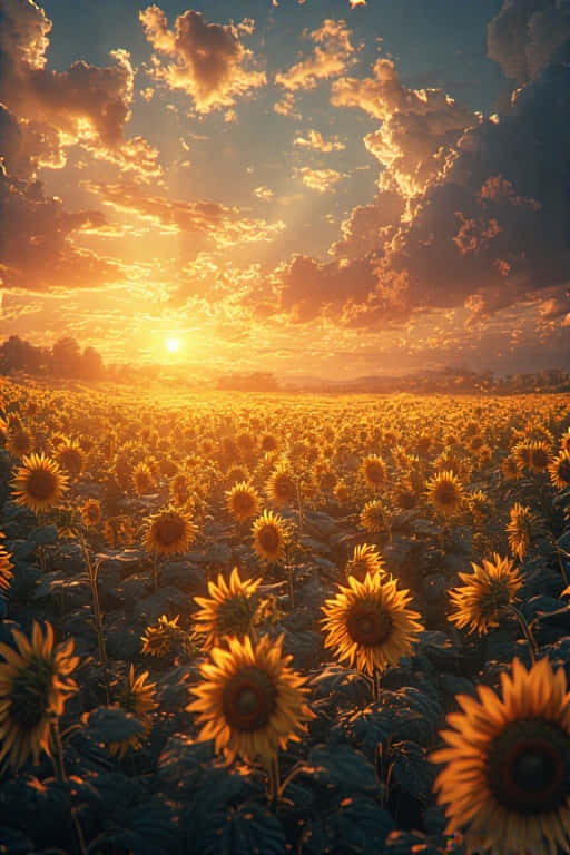 Sunset Over Sunflower Field Dreamy Summer 4K 壁紙 — 一片金黃色的向日葵田在戲劇性的日落天空下延伸，天空中有火紅色的橙雲和發光的太陽。