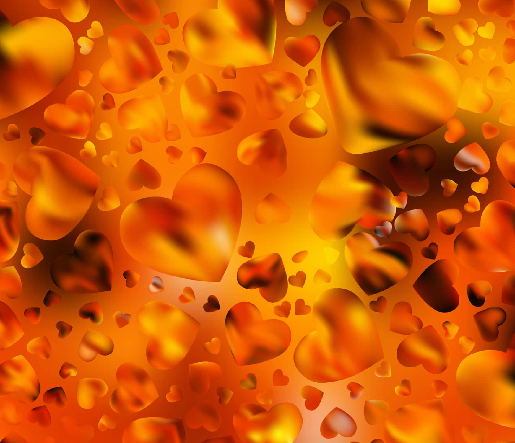 Orange Heart 桌布 壁紙 — 一片閃耀的琥珀色和金色心形在溫暖的漸變背景中漂浮。