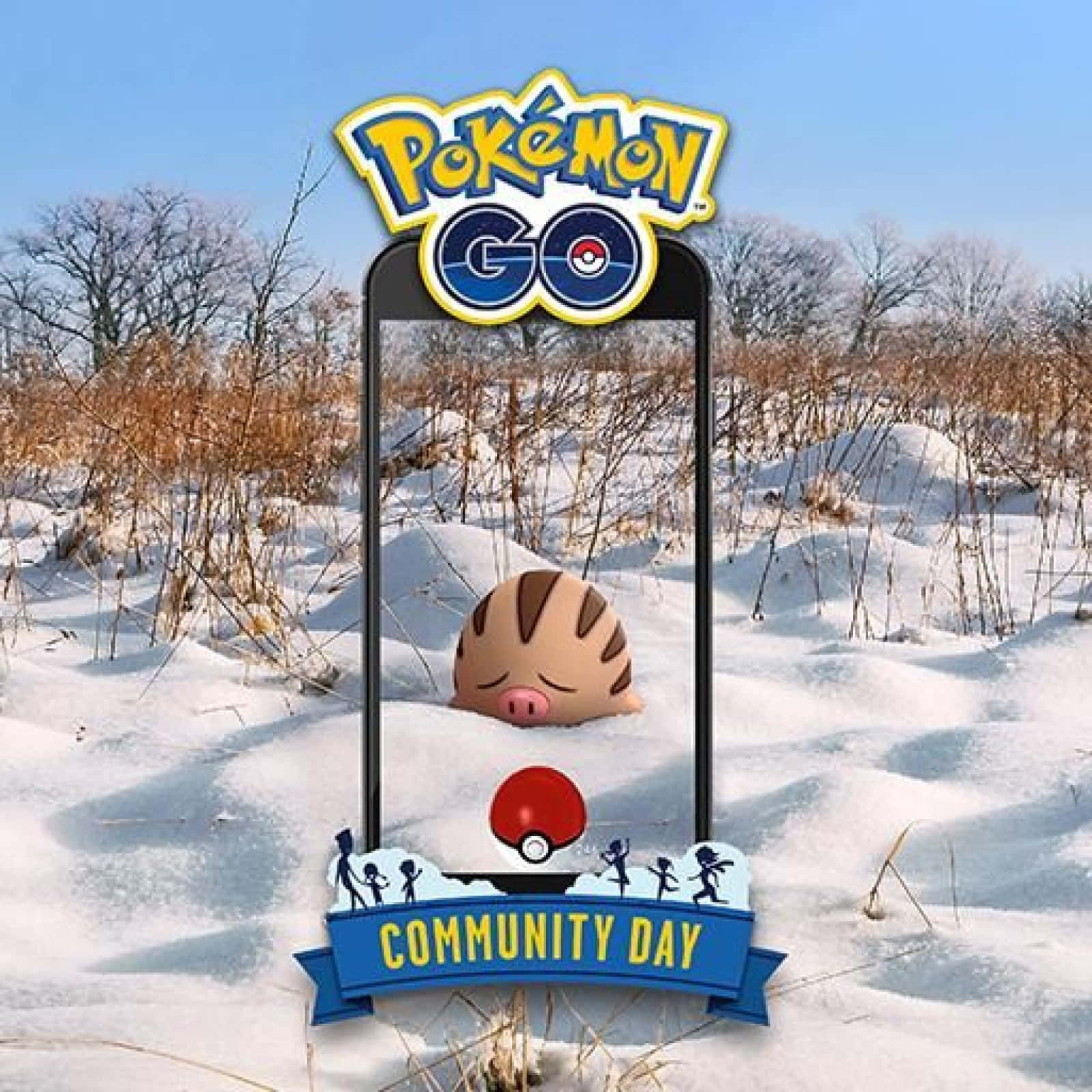寶可夢 桌布 壁紙 — 一片雪地，有光禿禿的樹木，一部智慧型手機顯示一隻像豬的寶可夢從雪中探出頭來，下方有一個精靈球。