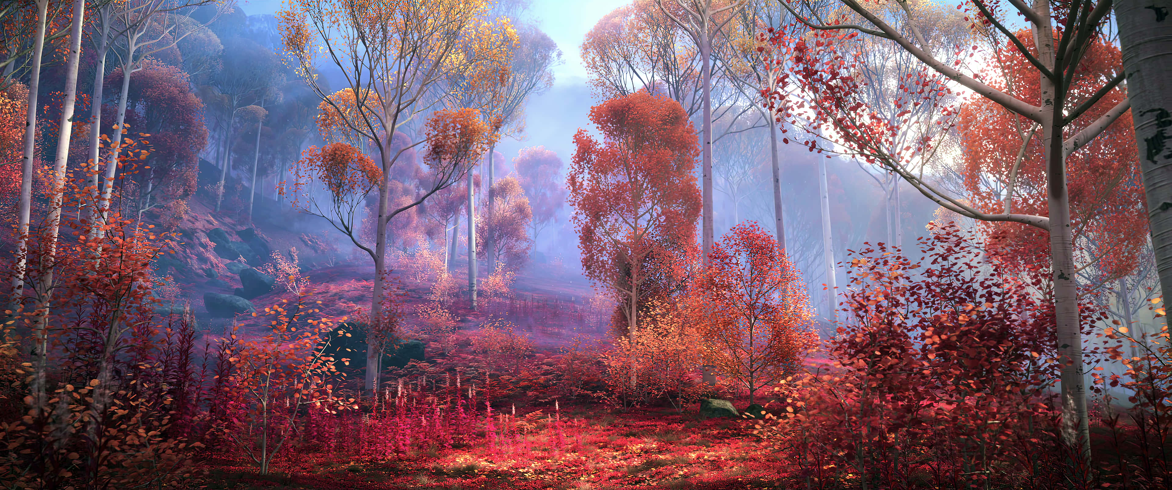 Magical Forest 桌布 壁紙 — 一片霧氣瀰漫的秋日森林，沐浴在柔和光線中，樹木燃燒著火紅與橙黃。