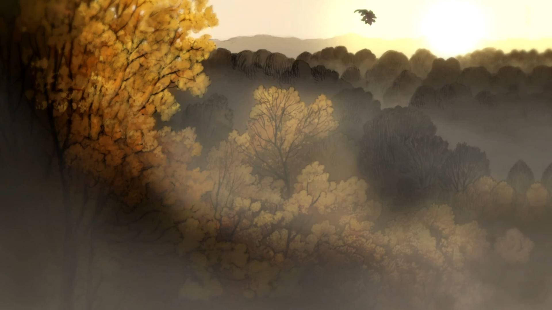 over the garden wall 桌布 壁紙 — 一片霧氣瀰漫的秋日森林沐浴在金色的日出光芒中，一隻孤鳥在剪影般的樹木上空翱翔。