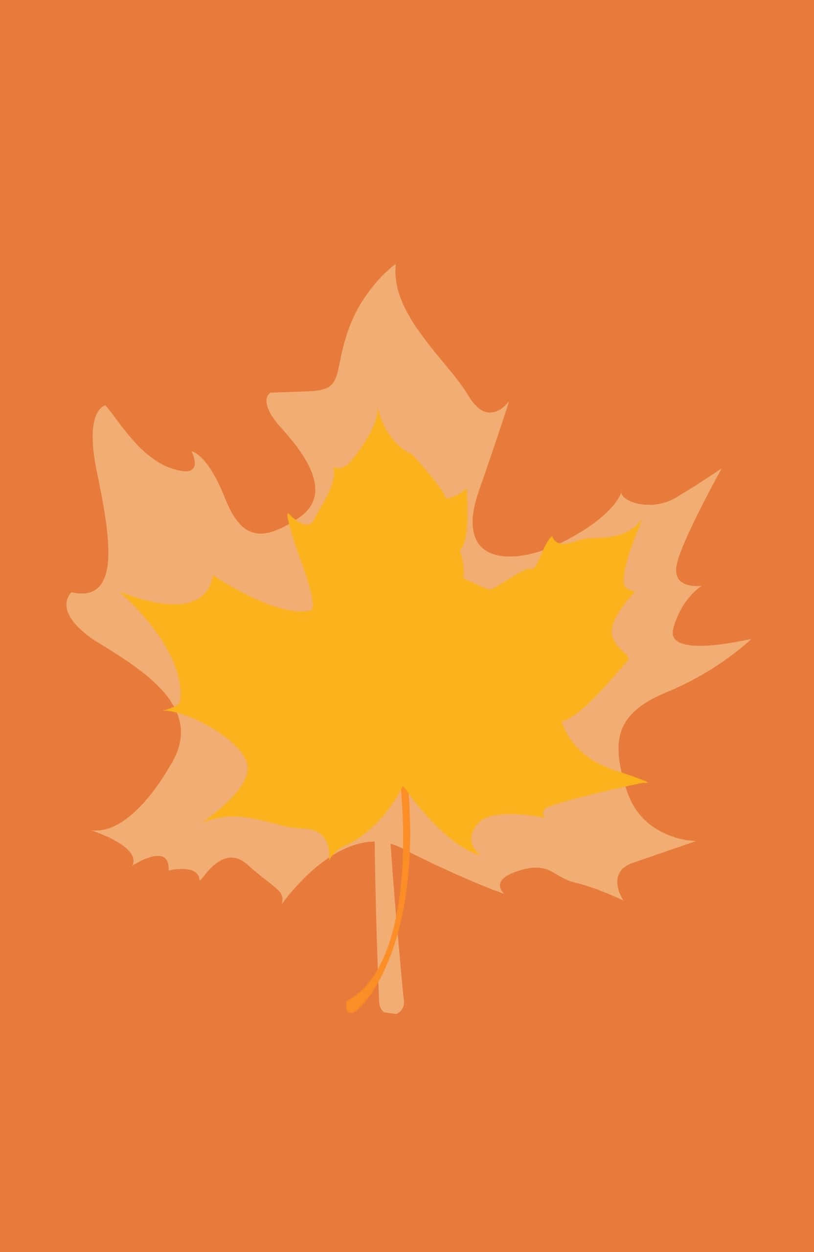 Best Fall 桌布 壁紙 — 一片風格化的楓葉，採用黃色和橙色的漸變色調，居中於純橙色背景上。