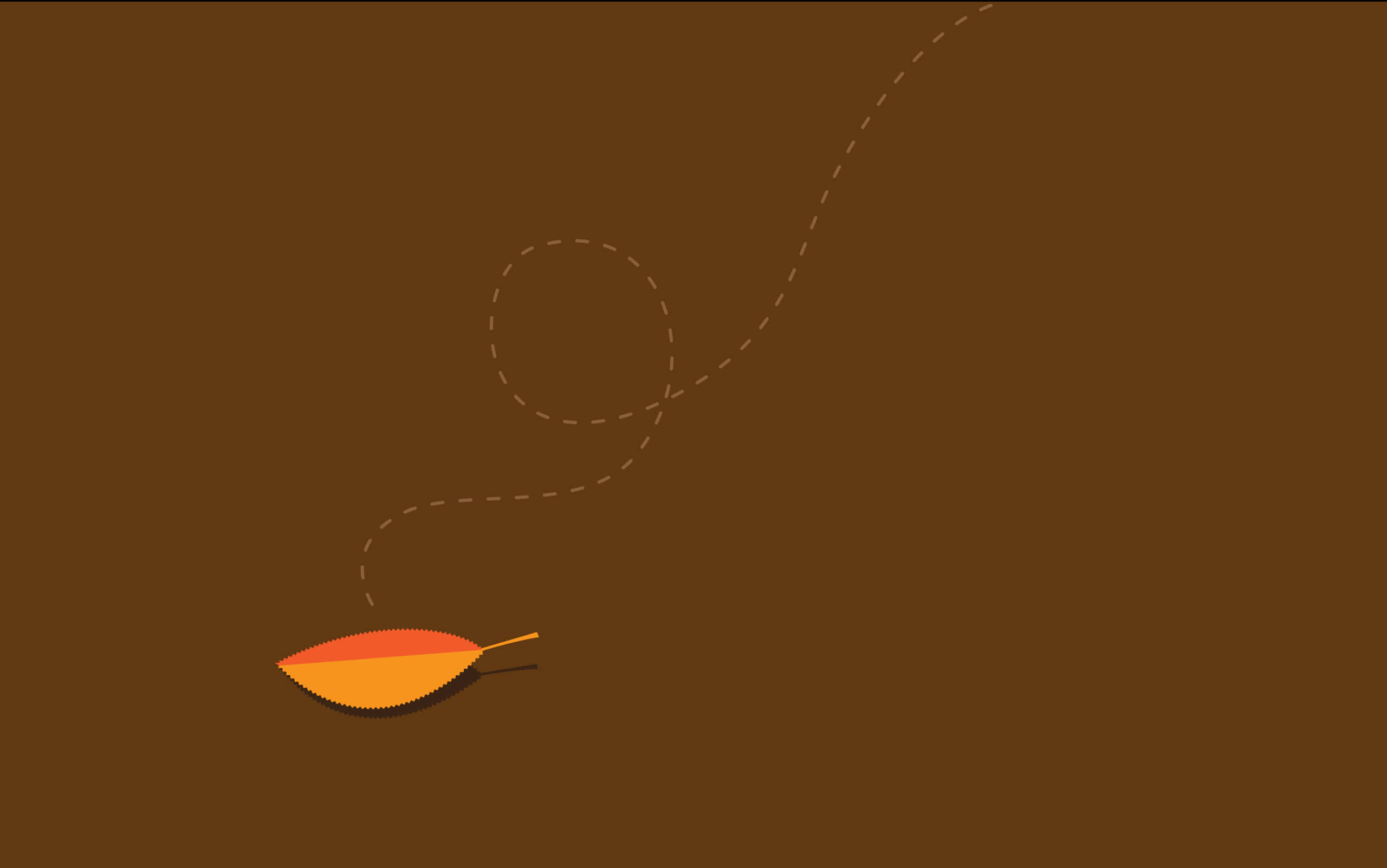 Simple Autumn 桌布 壁紙 — 一片風格化的橙色葉子在純棕色背景上的虛線路徑上飄動。