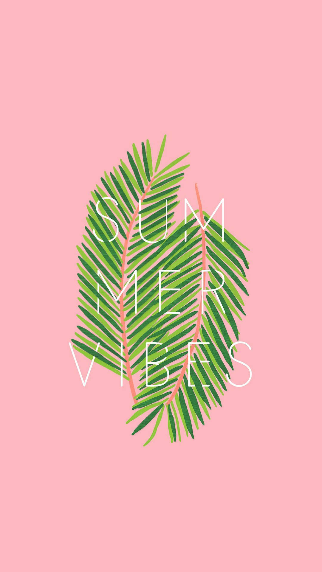 夏天 桌布 壁紙 — 一片風格化的綠色棕櫚葉，上面有白色文字寫著 summer vibes，背景是柔和的粉紅色。
