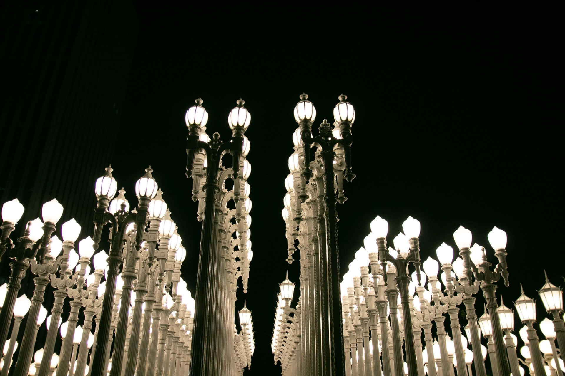 Installation Art 桌布 壁紙 — 一片高聳的復古街燈場，在深邃的黑色夜空下溫暖地發光。