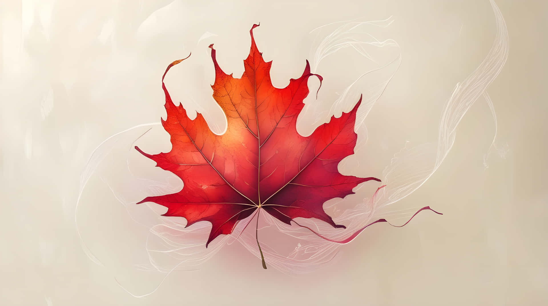 Dry red fallen leaves wallpaper 壁紙 — 一片鮮紅的楓葉帶有發光的橙色亮點，漂浮在柔和的米色背景上，伴隨著縷縷白煙。