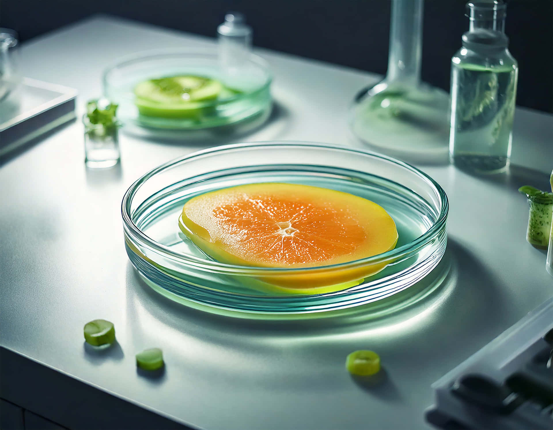 Petri Dish 壁紙 — 一片鮮豔的橙色柑橘片漂浮在實驗台上的透明培養皿中，周圍環繞著玻璃器皿和綠色植物樣本。