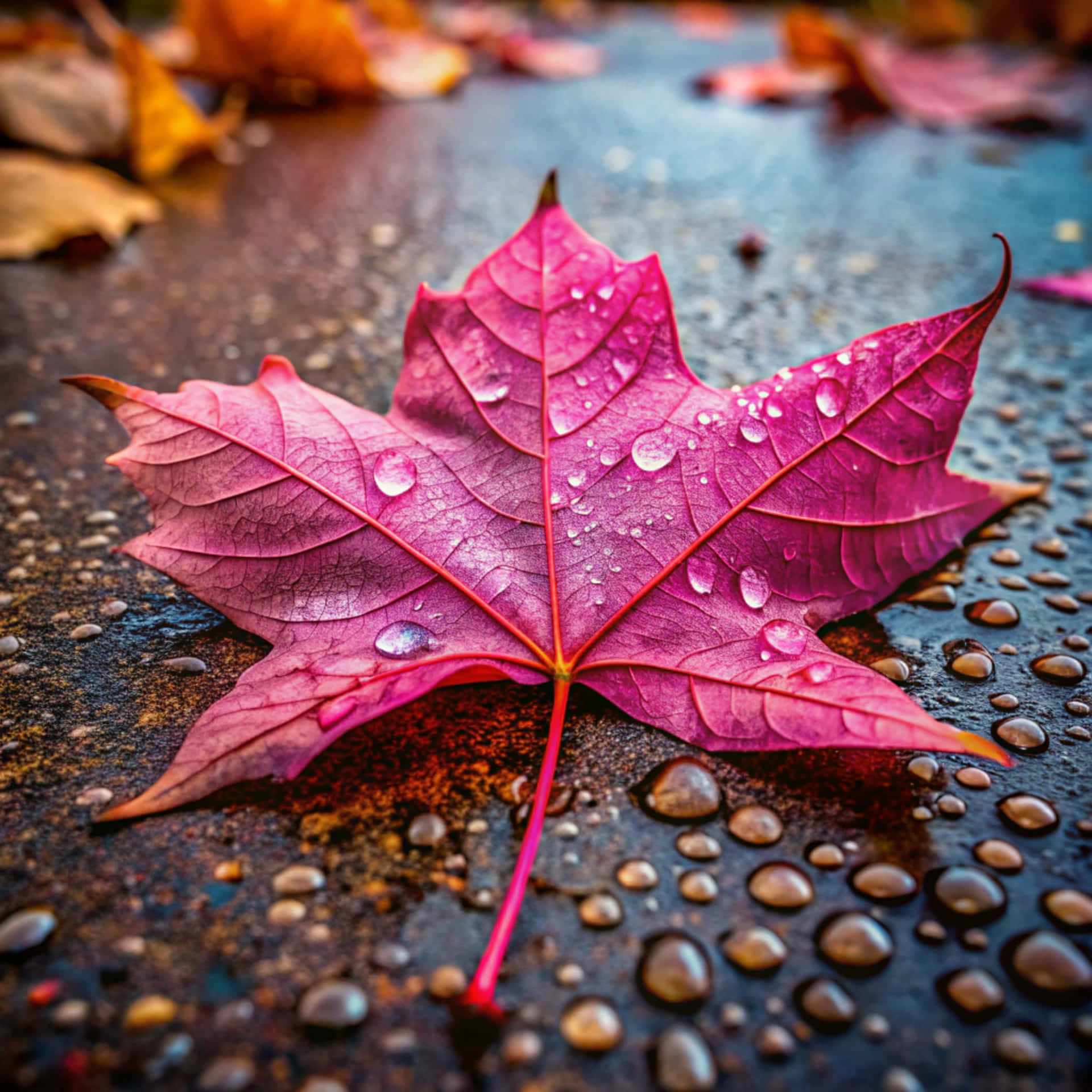 Pink autumn leaf on wet 壁紙 — 一片鮮豔的粉紅色楓葉帶著露珠，躺在被秋葉環繞的潮濕深色表面上。