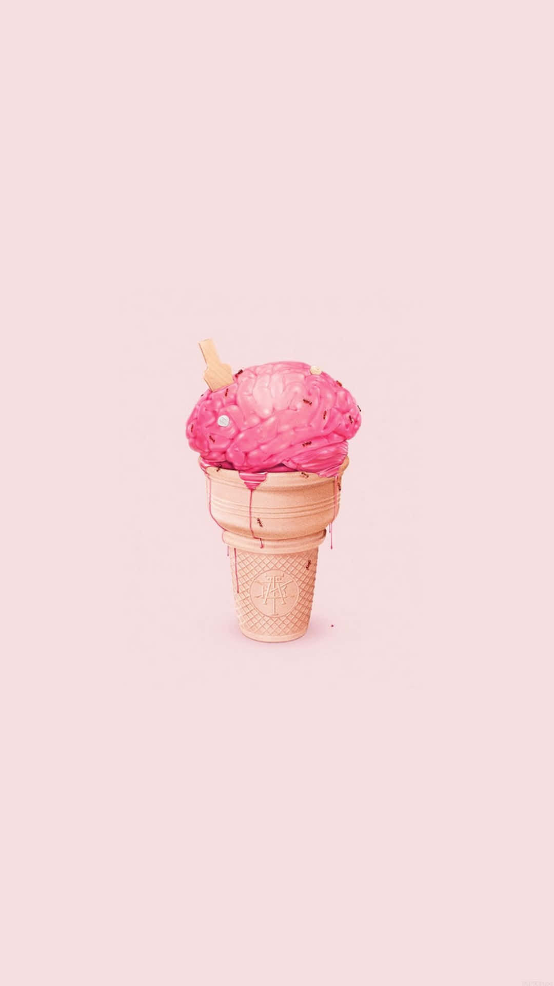 Ice Cream 桌布 壁紙 — 一球鮮豔粉紅色的冰淇淋在鬆餅筒中微微融化，背景是柔和的粉紅色。