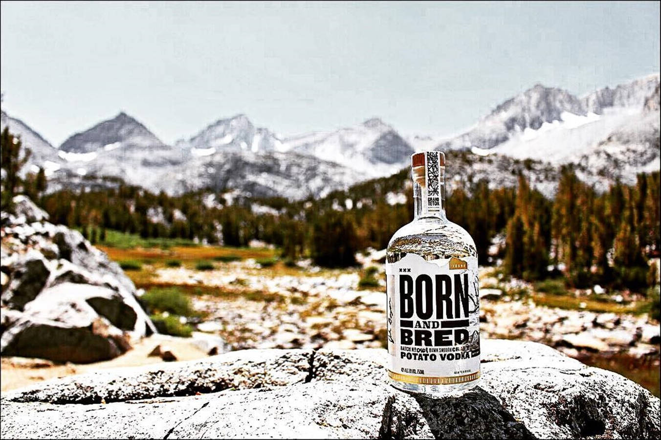 山景 桌布 壁紙 — 一瓶 Born and Bred 馬鈴薯伏特加放在雪山上的岩石上，背景是白雪覆蓋的山峰和常青樹。