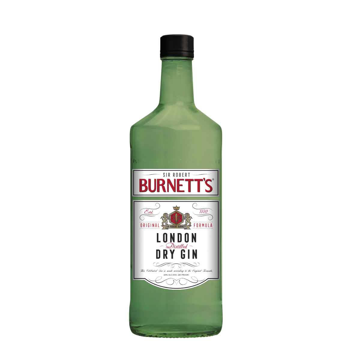 drinks 桌布 壁紙 — 一瓶 Burnett's 倫敦乾琴酒綠色玻璃瓶，帶黑色瓶蓋和華麗標籤，孤立在純白背景上。