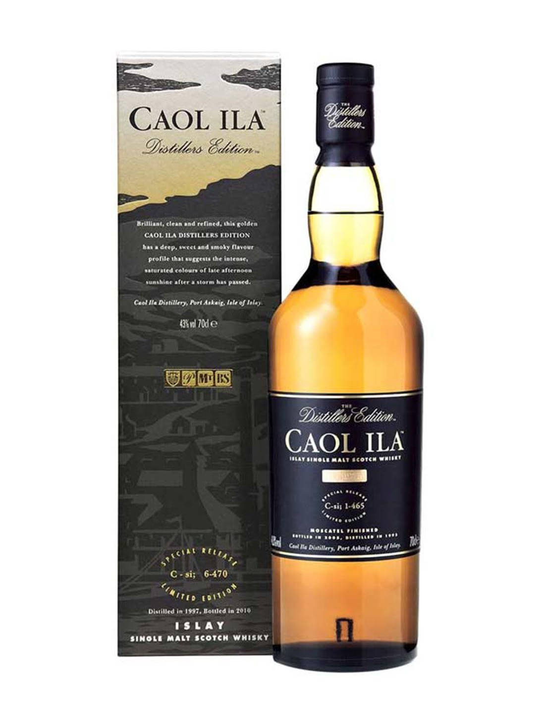 alcohol 桌布 壁紙 — 一瓶 Caol Ila Distillers Edition Islay 單一麥芽蘇格蘭威士忌，旁邊是其精緻的禮盒，背景為純白色。