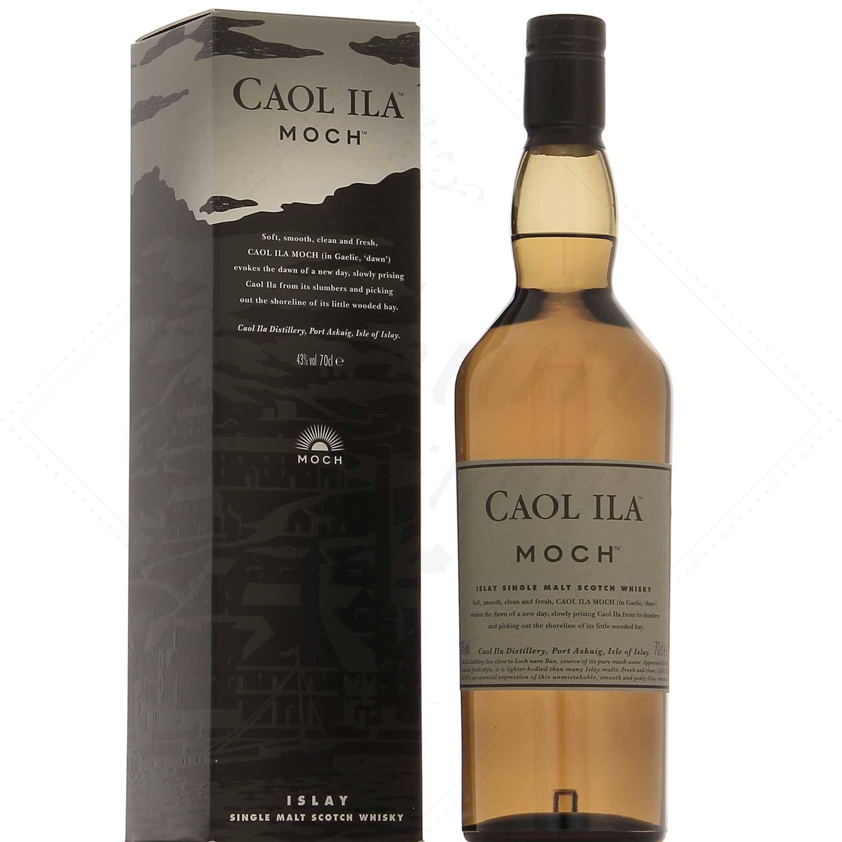 alcohol 桌布 壁紙 — 一瓶 Caol Ila Moch Islay 單一麥芽蘇格蘭威士忌，旁邊是其時尚的黑色和灰色盒子，背景為純白色。