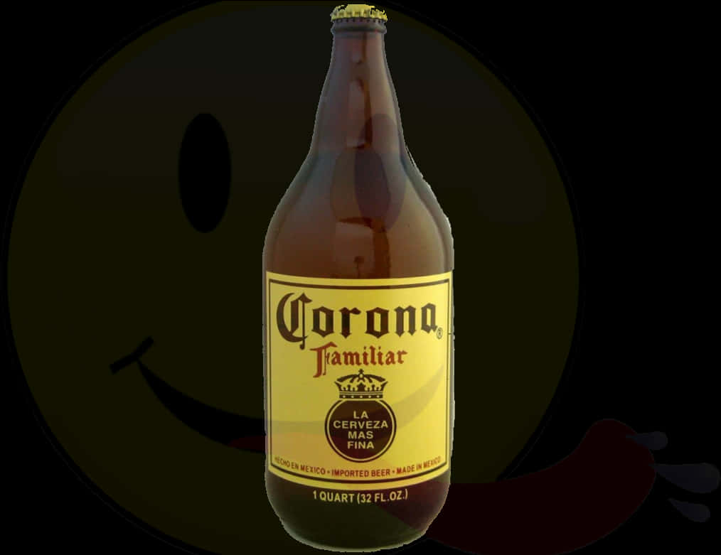 Corona Beer 桌布 壁紙 — 一瓶 Corona Familiar 啤酒瓶居中立在深色背景上，帶有模糊的笑臉剪影。
