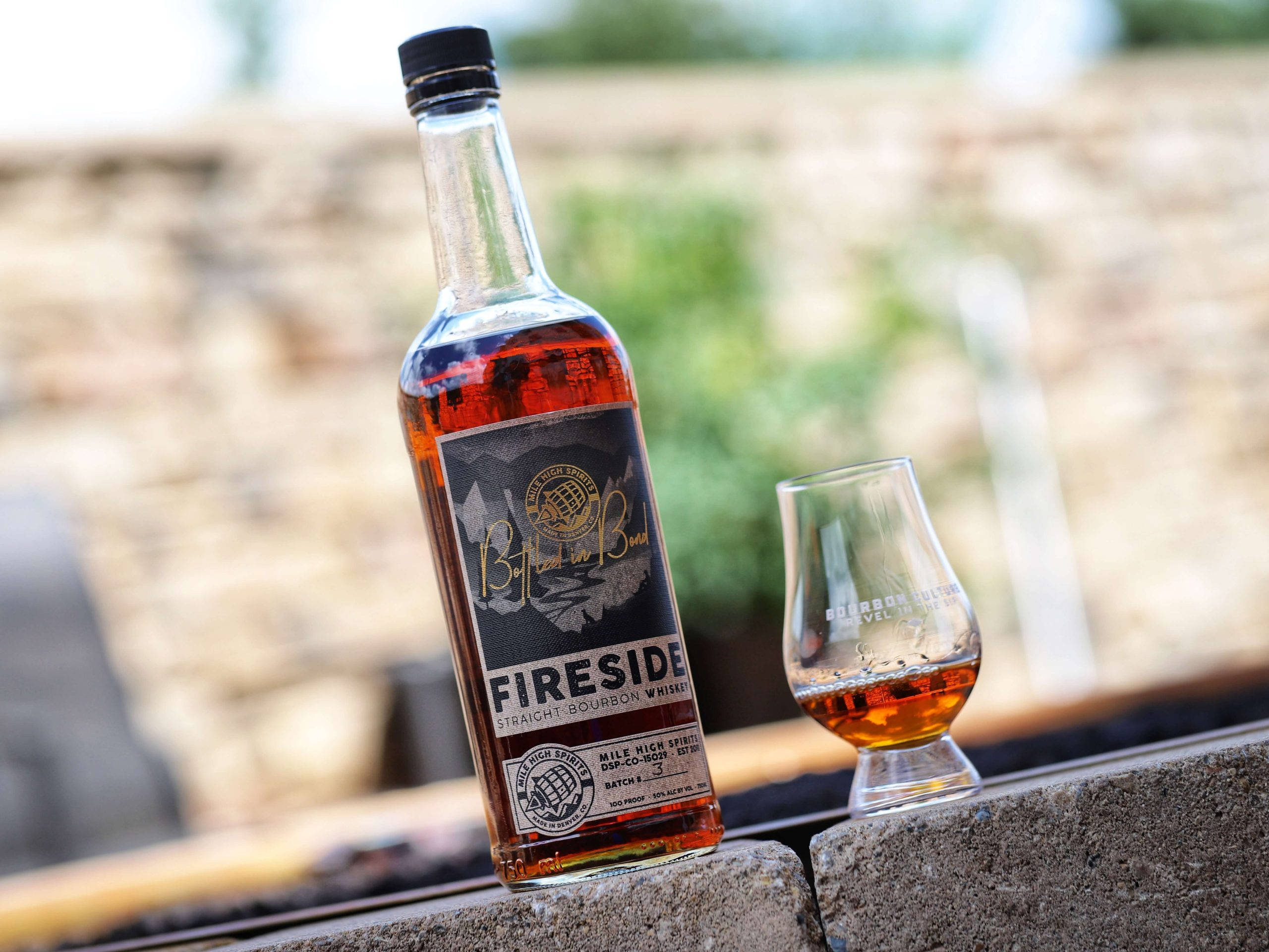drinks 桌布 壁紙 — 一瓶 Fireside 波本威士忌和一個品酒杯放在石架上，背景是模糊的石牆和綠植。