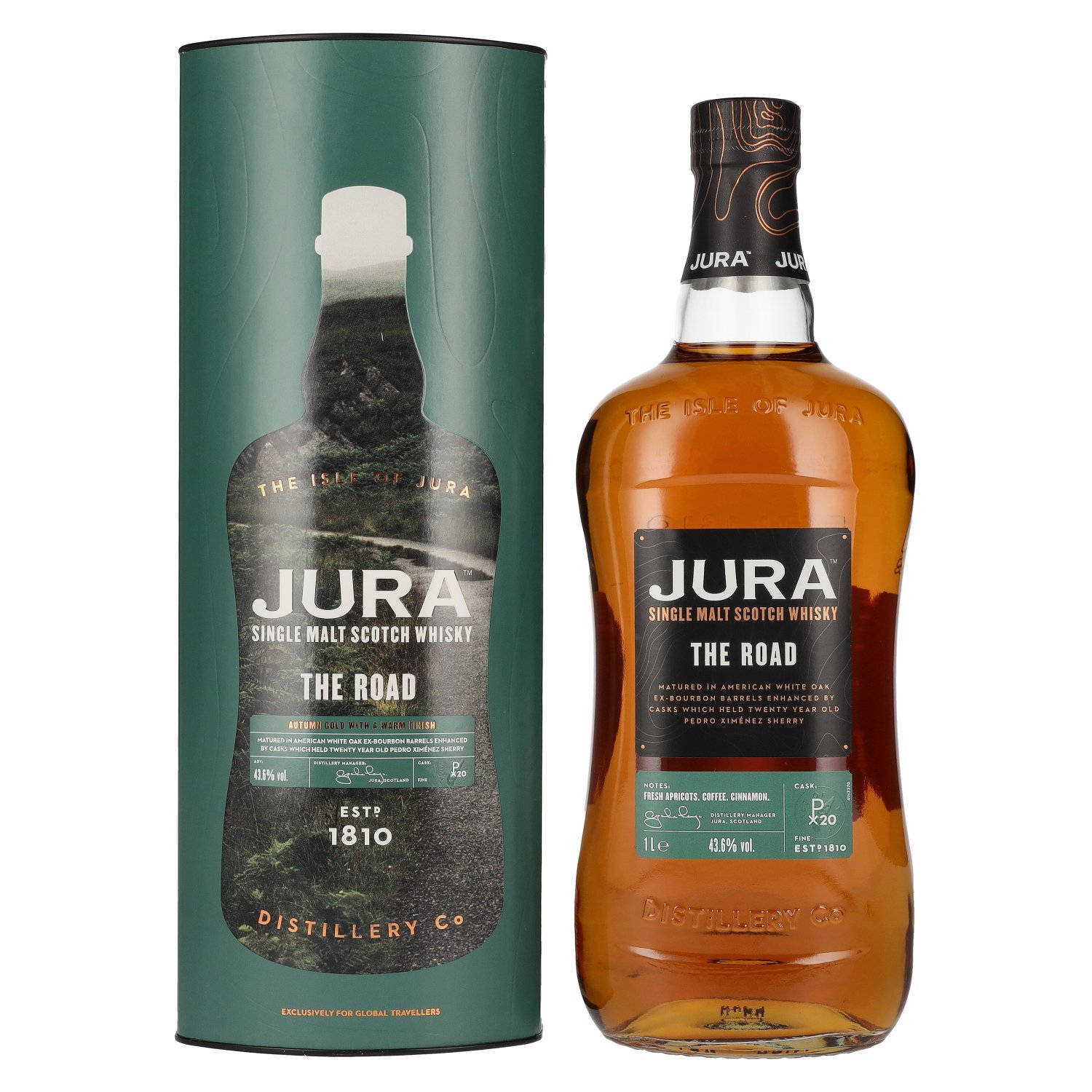 高清 桌布 壁紙 — 一瓶 Jura 單一麥芽蘇格蘭威士忌「The Road」放在白色背景上，旁邊是其綠色圓柱形包裝。