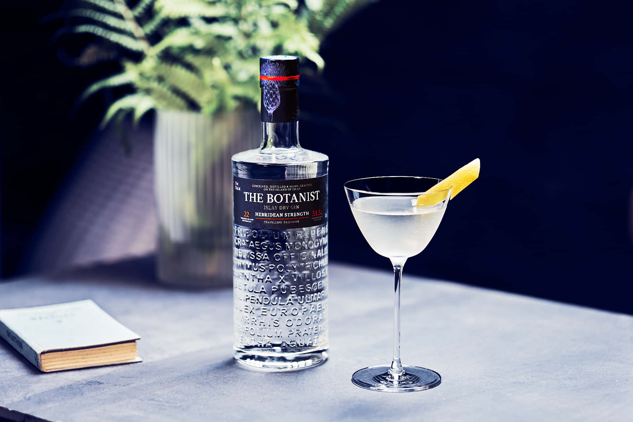 drinks 桌布 壁紙 — 一瓶 The Botanist 琴酒和一杯配有檸檬裝飾的雞尾酒優雅地放在石桌上，旁邊有一本書和蕨類植物。