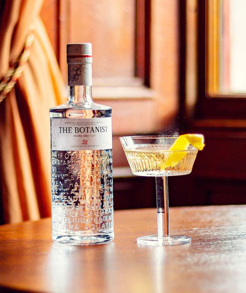 drinks 桌布 壁紙 — 一瓶 The Botanist 琴酒和一杯以檸檬裝飾的雞尾酒，放在溫暖室內燈光下的木桌上。