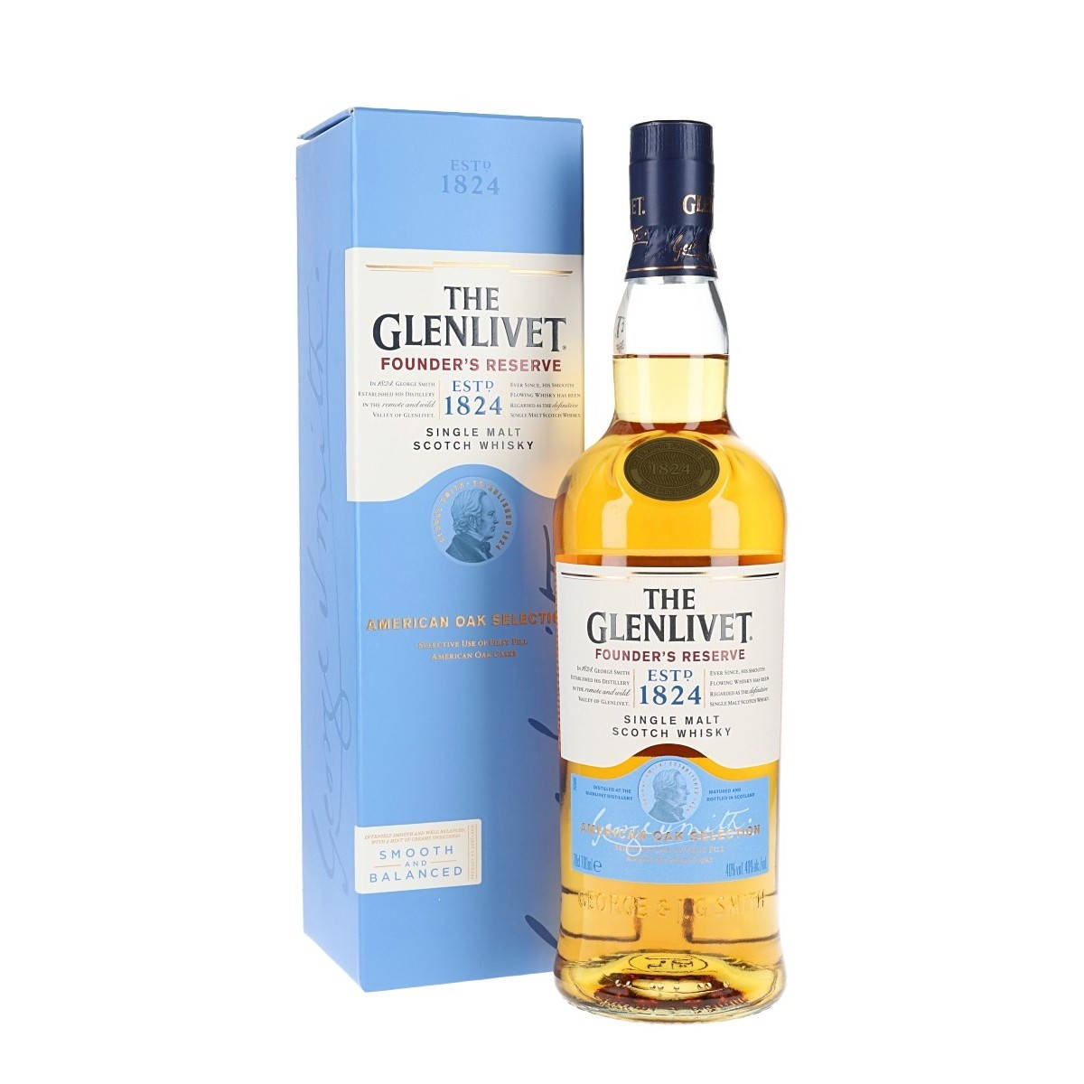 飲料 桌布 壁紙 — 一瓶 The Glenlivet Founder's Reserve 單一麥芽蘇格蘭威士忌，附有藍色禮盒，置於純白背景前。