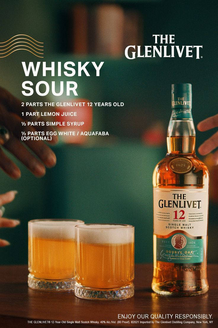 glass 桌布 壁紙 — 一瓶 The Glenlivet 12 Year Old 威士忌和兩杯威士忌酸雞尾酒放在木製吧檯上，兩側有手伸進來。