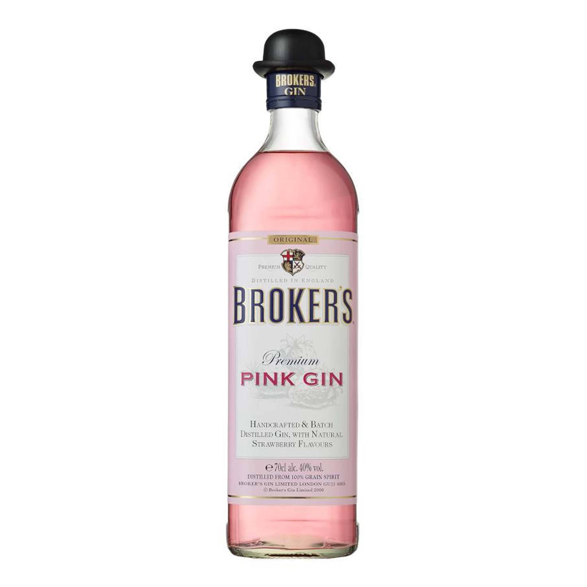 飲料 桌布 壁紙 — 一瓶Broker's Premium Pink Gin草莓味的纖細酒瓶，立在乾淨的白色背景前。