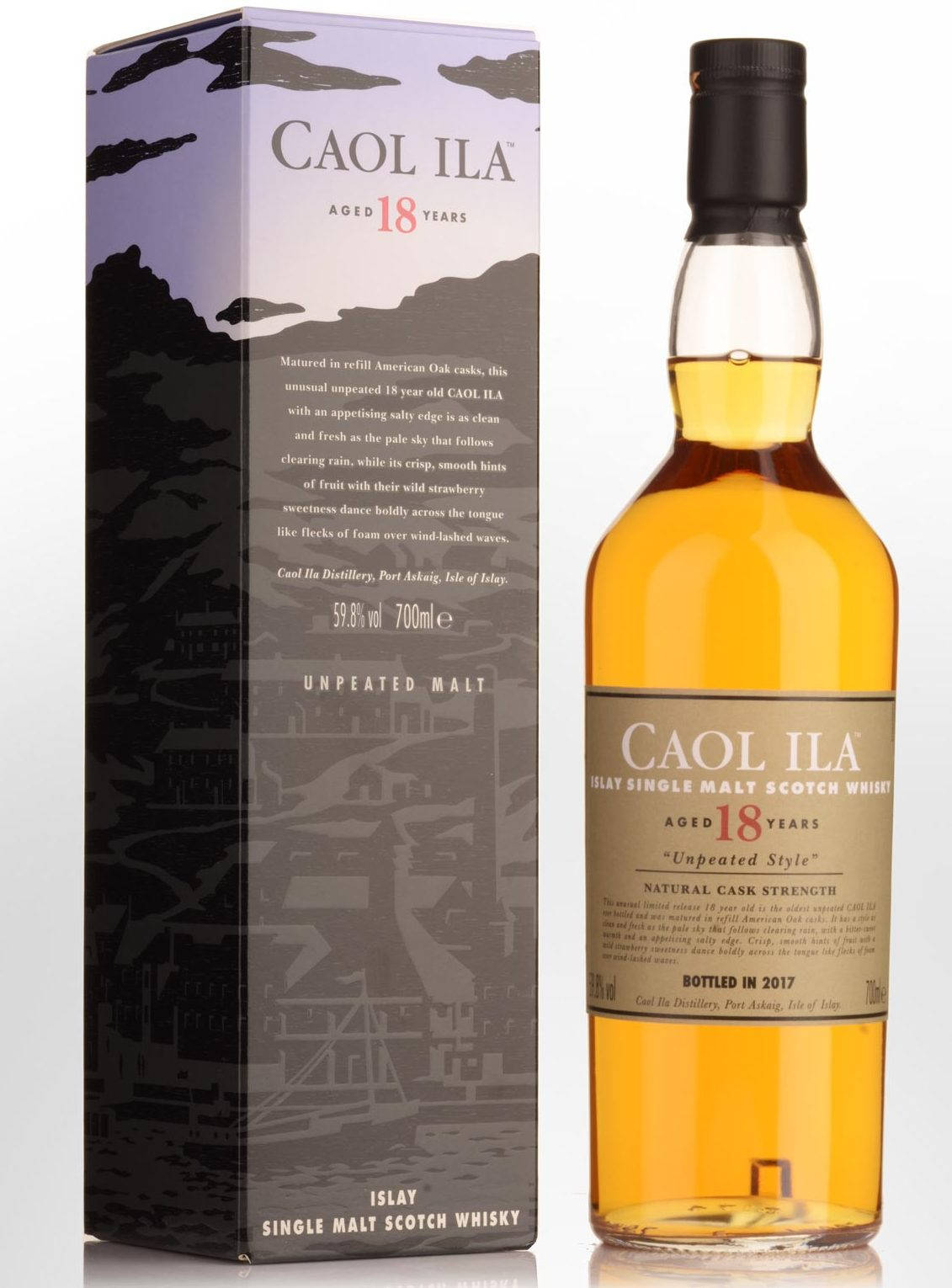 alcohol 桌布 壁紙 — 一瓶Caol Ila 18年單一麥芽蘇格蘭威士忌放在其盒子旁邊，兩者均採用簡約設計，帶有山脈輪廓和琥珀色液體。