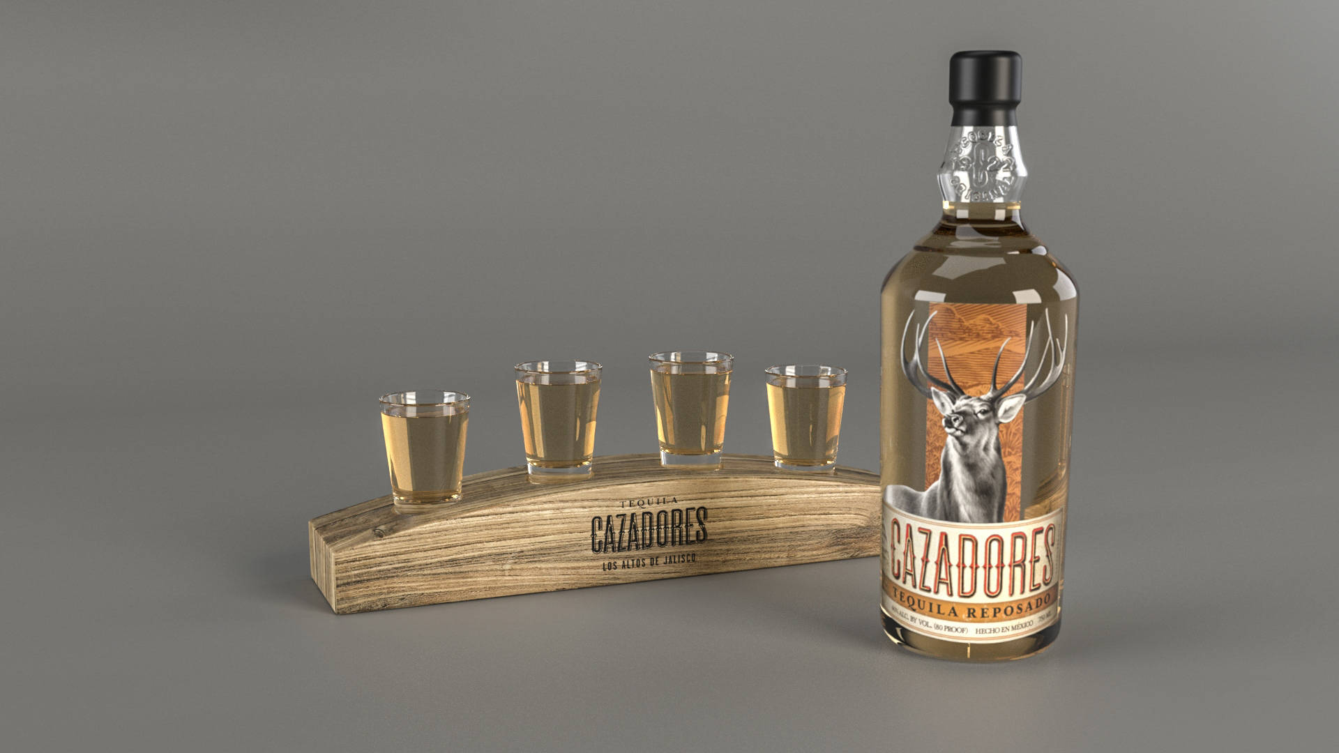 飲料 桌布 壁紙 — 一瓶Cazadores reposado龍舌蘭酒和四個裝滿的烈酒杯放在木製支架上，背景為中性灰色。