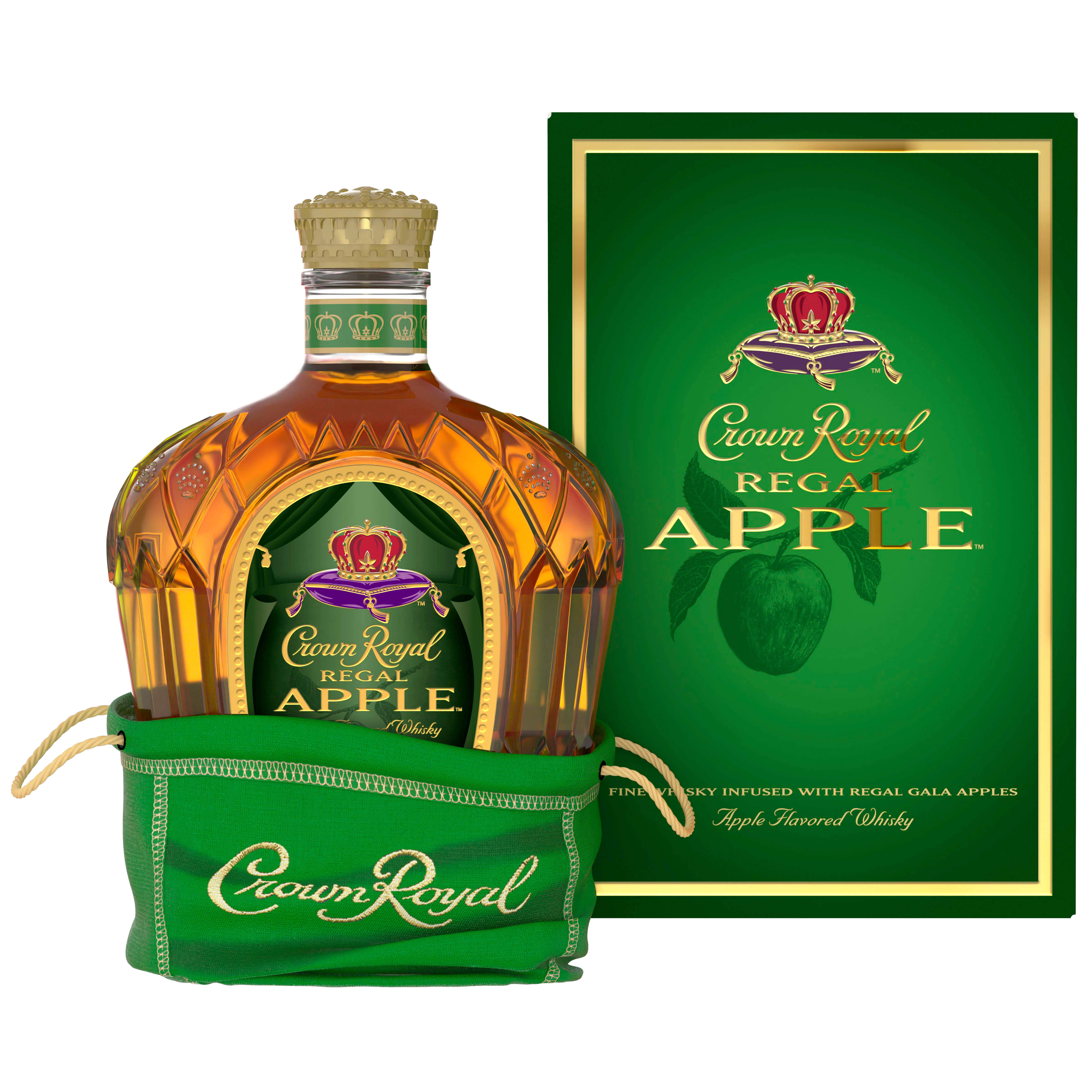 蘋果 桌布 壁紙 — 一瓶Crown Royal Regal Apple威士忌放在一個綠色天鵝絨袋中，旁邊是帶有金色邊框和蘋果圖案的綠色盒子。