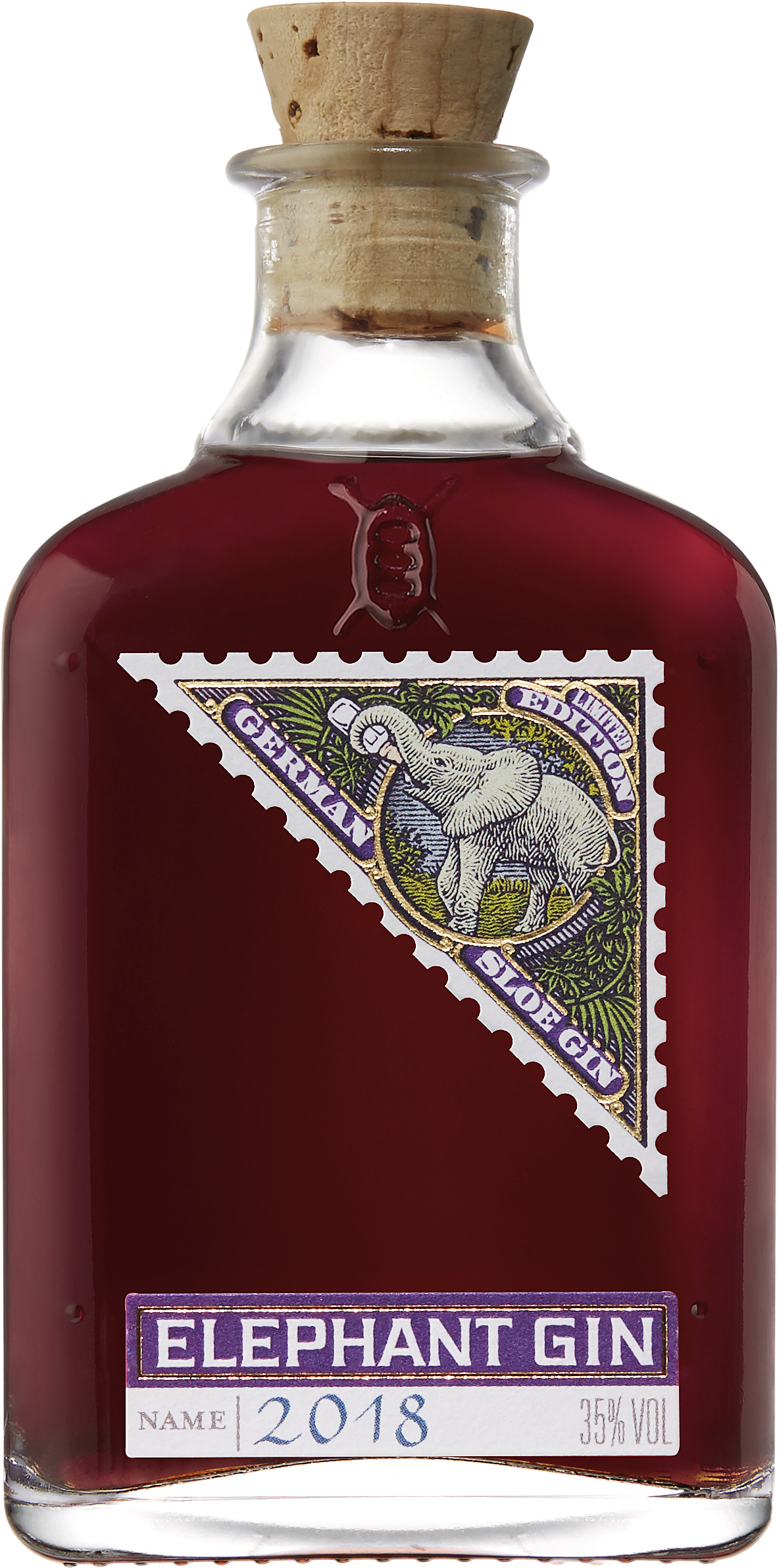 Gin 桌布 壁紙 — 一瓶Elephant Gin，深紅色液體，復古風格標籤上有大象圖案、軟木塞和2018年份。