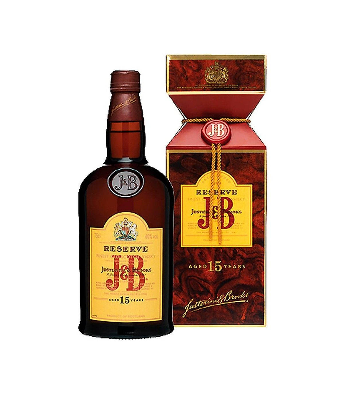 drinks 桌布 壁紙 — 一瓶J&B Reserve 15年威士忌，旁邊是其華麗的紅色和金色禮盒，背景為純白色。