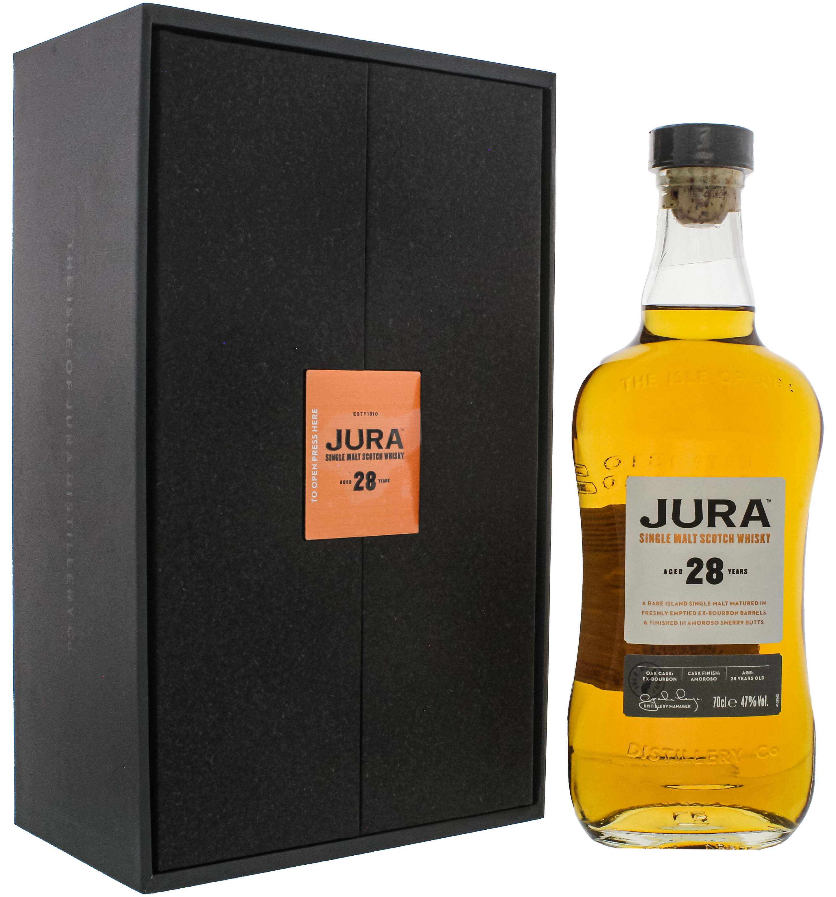 動態圖 桌布 壁紙 — 一瓶Jura 28年單一麥芽蘇格蘭威士忌，旁邊是其時尚的黑色展示盒，帶有橙色標籤點綴。