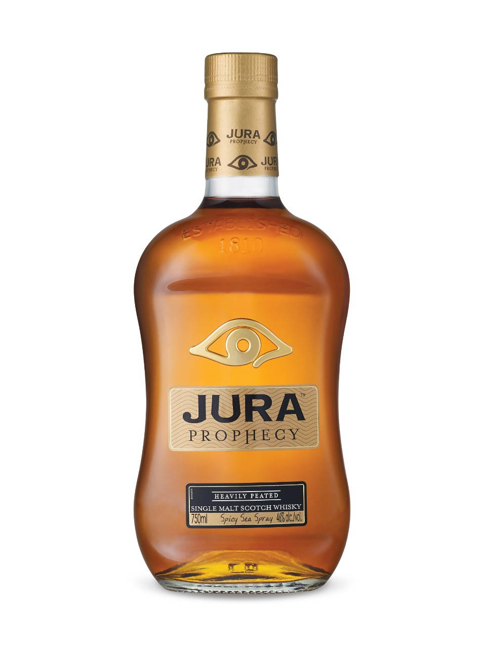 手機 桌布 壁紙 — 一瓶Jura Prophecy威士忌，金色液體和眼睛標誌，白色背景。