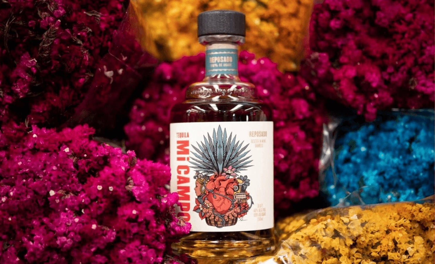 Flowers 桌布 壁紙 — 一瓶Mi Campo reposado龍舌蘭酒，帶有鮮豔的標籤，被色彩繽紛的乾花和閃爍的質感包圍。