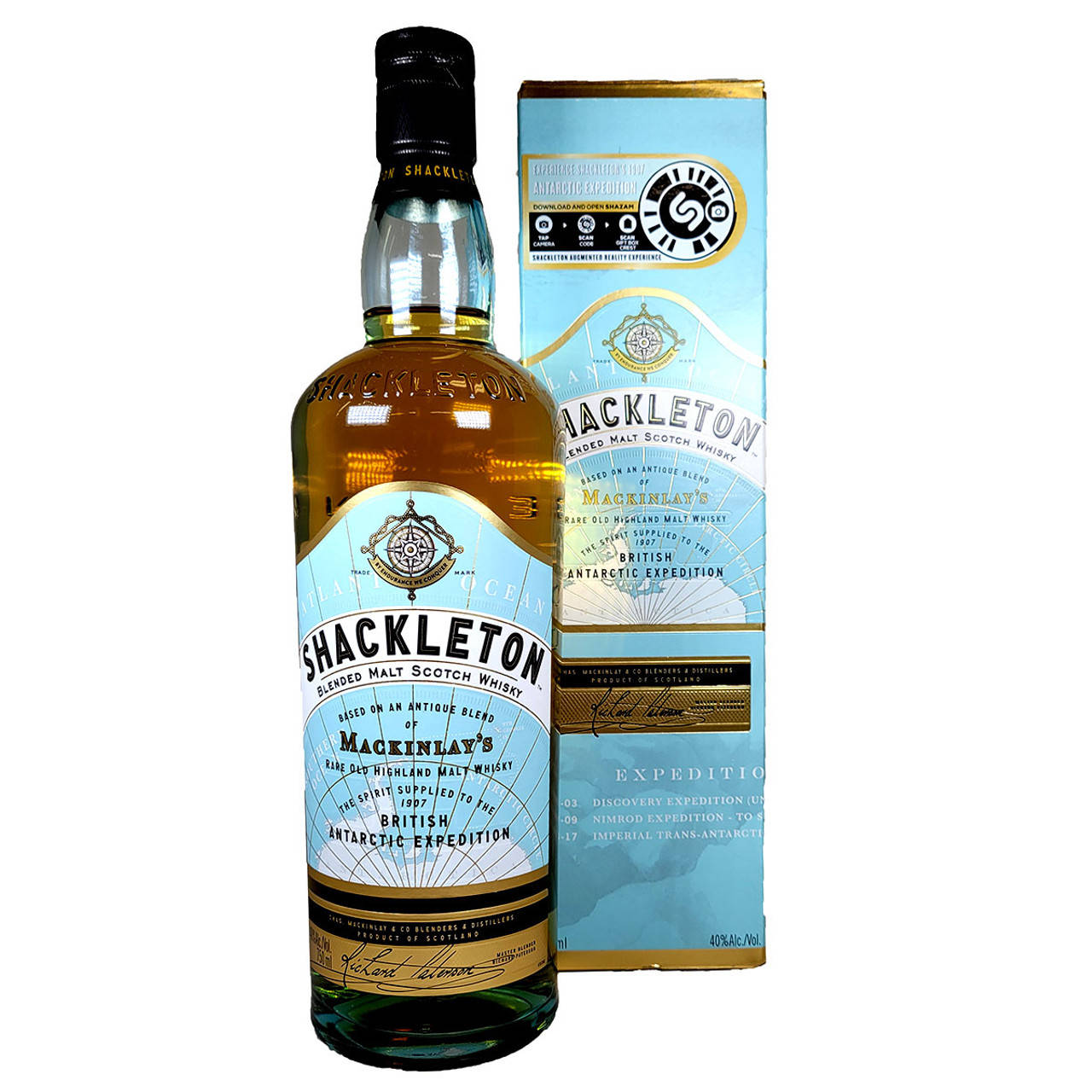 Drink 桌布 壁紙 — 一瓶Shackleton Blended Malt Scotch Whisky及其盒子直立於白色背景上。