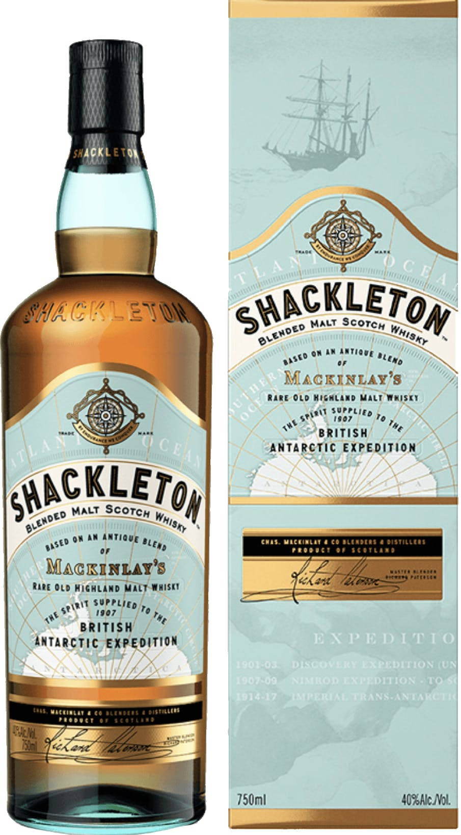 Drink 桌布 壁紙 — 一瓶Shackleton Blended Malt Scotch Whisky，其盒子上印有復古南極探險圖案和金色點綴。