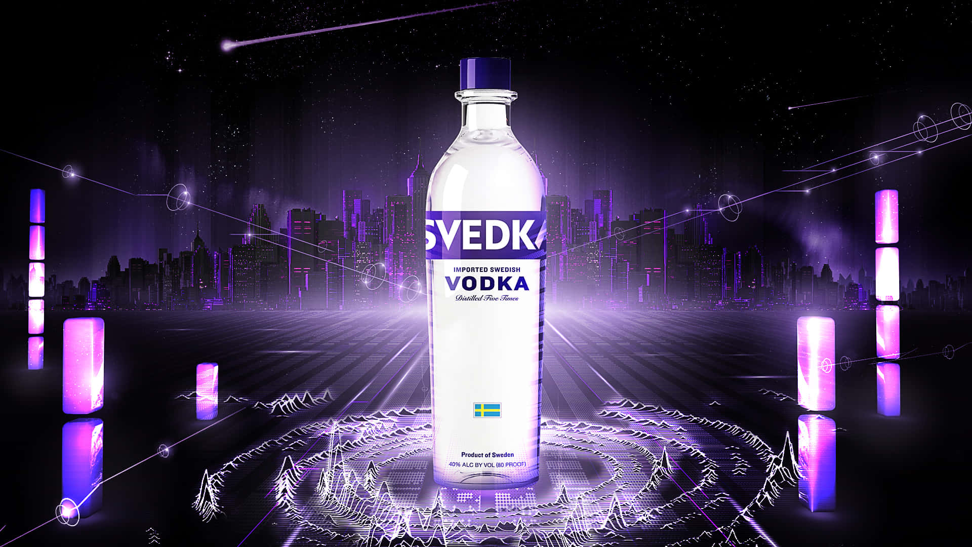 drinks 桌布 壁紙 — 一瓶Svedka伏特加酒在夜間未來城市天際線背景下，在霓虹紫光下閃耀。