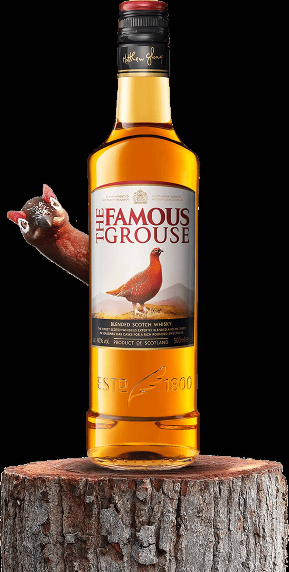 Whiskey 桌布 壁紙 — 一瓶The Famous Grouse威士忌放在一個質樸的樹樁上，一隻紅松雞從後面探出頭來，背景為黑色。
