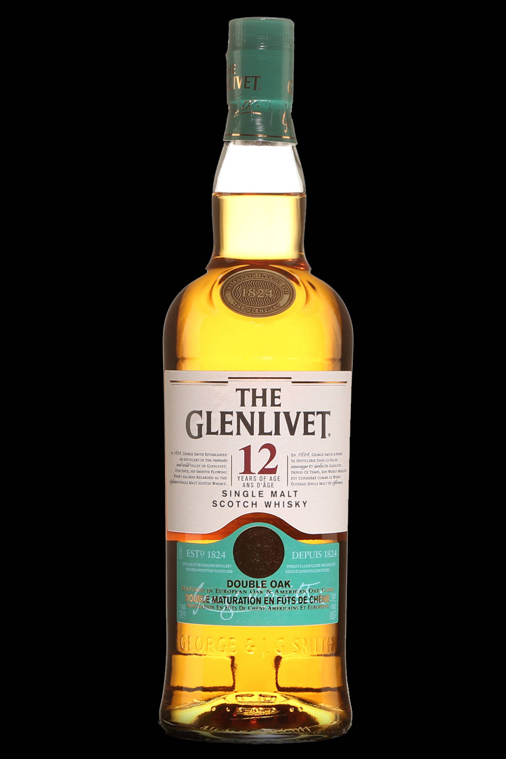 飲料 桌布 壁紙 — 一瓶The Glenlivet 12年單一麥芽蘇格蘭威士忌，金色液體，矗立在 stark 黑色背景前。
