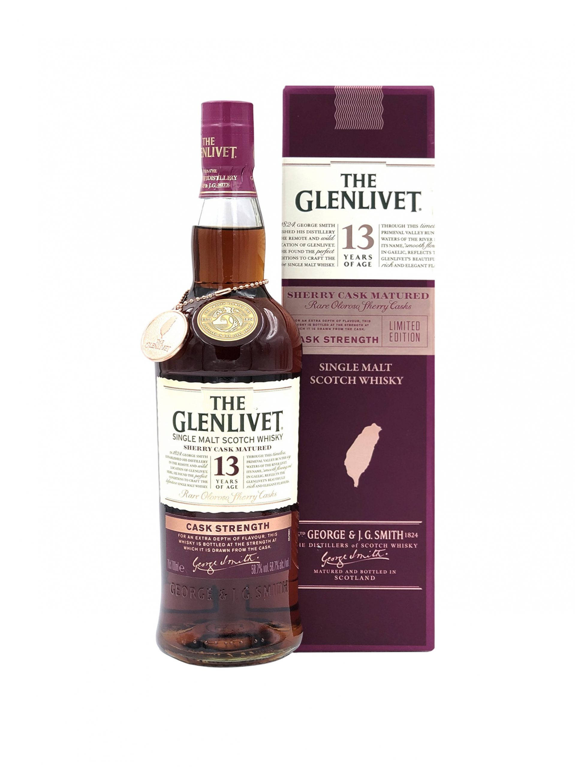 Drink 桌布 壁紙 — 一瓶The Glenlivet 13年雪莉桶熟成單一麥芽威士忌，旁邊是其紫色盒子，背景為白色。