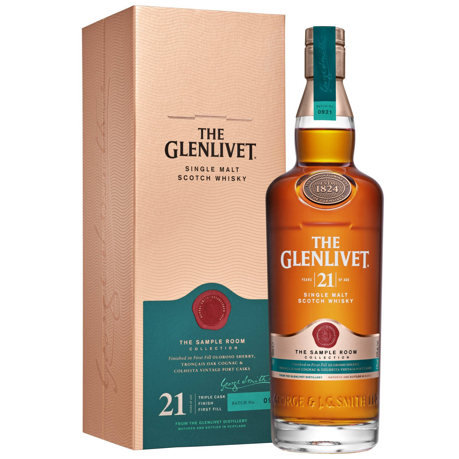 飲料 桌布 壁紙 — 一瓶The Glenlivet 21年單一麥芽蘇格蘭威士忌，旁邊是其帶有紋理的桃色和藍綠色禮盒，背景為純白色。