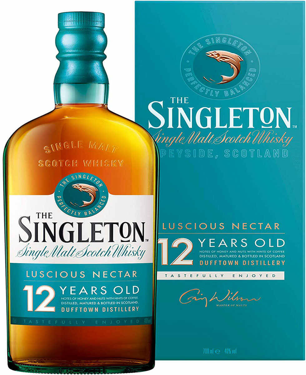 bottle 桌布 壁紙 — 一瓶The Singleton 12年單一麥芽蘇格蘭威士忌，連同其藍綠色盒子，展示金黃琥珀色液體和優雅品牌形象。