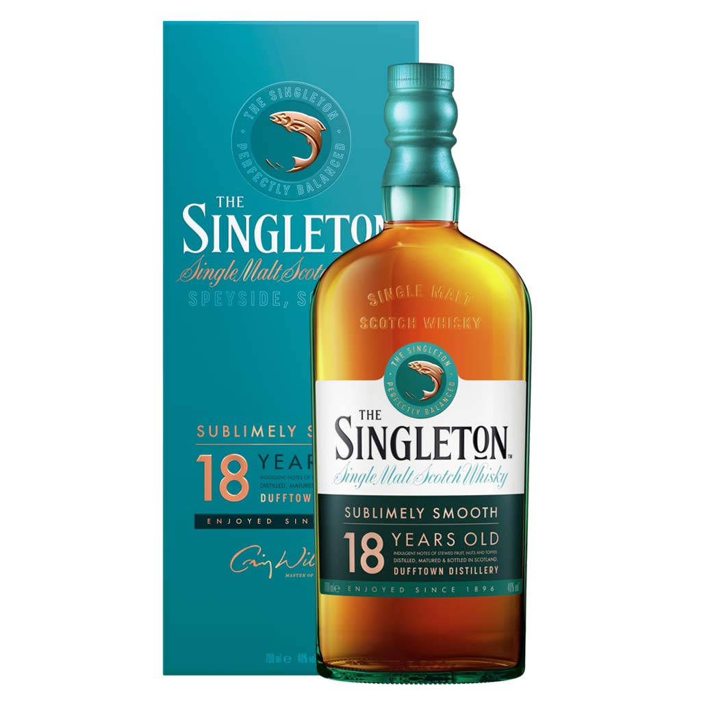 bottle 桌布 壁紙 — 一瓶The Singleton 18年單一麥芽蘇格蘭威士忌放在白色背景前，旁邊是其青綠色盒子。