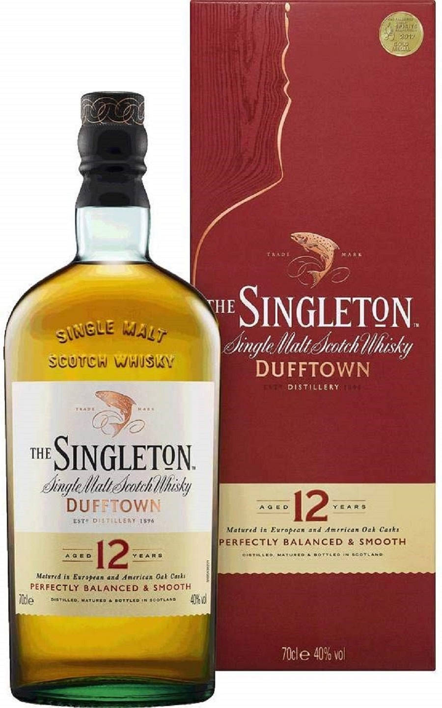 bottle 桌布 壁紙 — 一瓶The Singleton 12年單一麥芽蘇格蘭威士忌，旁邊是其華麗的紅色盒子，帶有金色點綴和魚標誌。