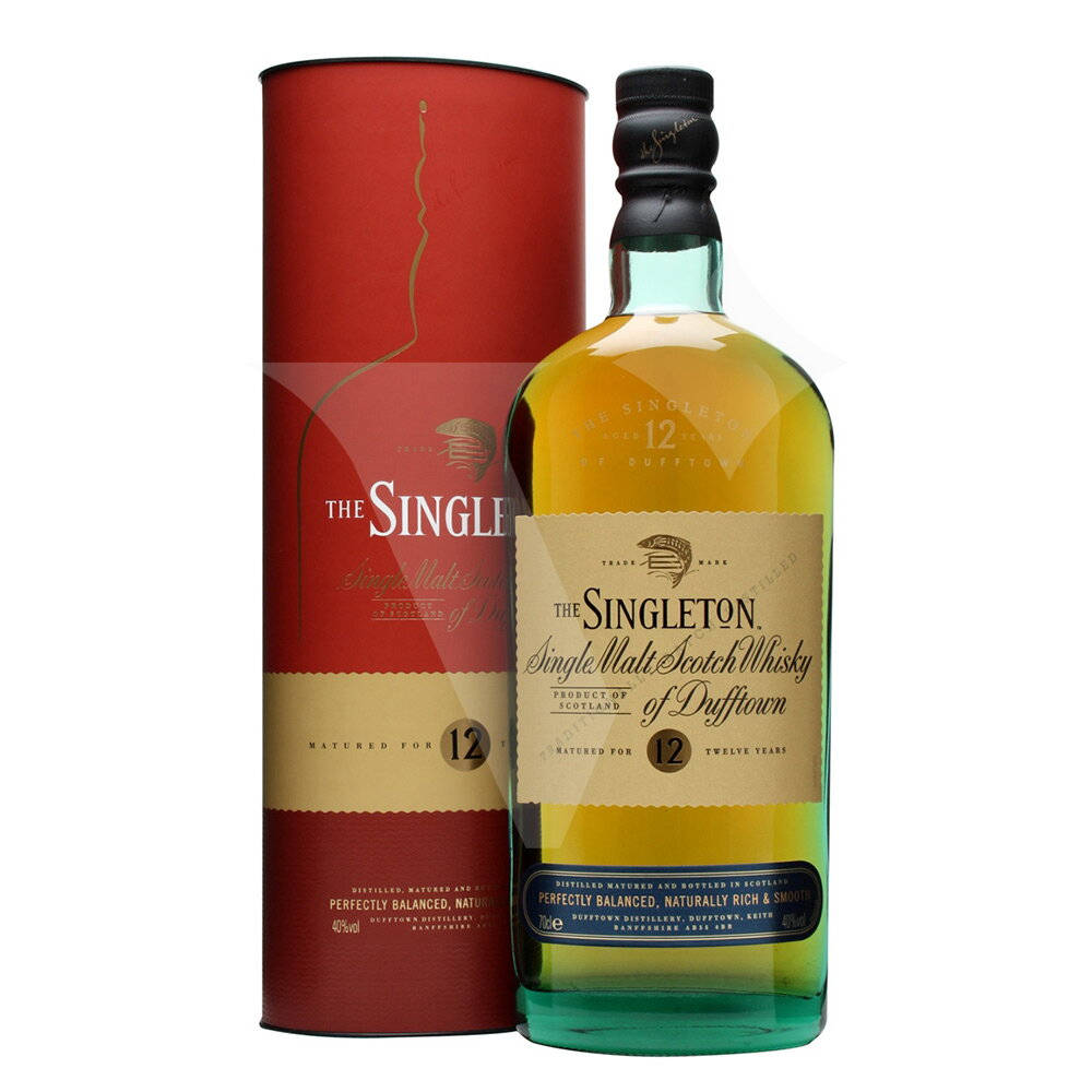 bottle 桌布 壁紙 — 一瓶The Singleton 12年單一麥芽蘇格蘭威士忌，旁邊是其紅色圓柱形包裝，背景為純白色。