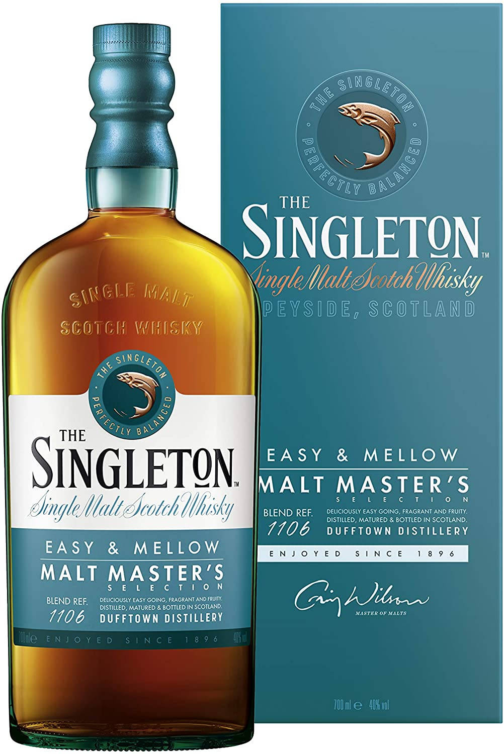 bottle 桌布 壁紙 — 一瓶The Singleton單一麥芽蘇格蘭威士忌及其青綠色盒子並排立在白色背景前。