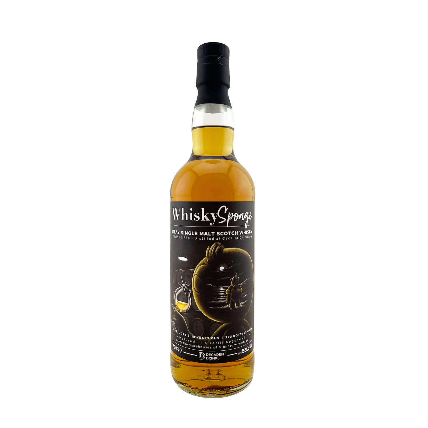 alcohol 桌布 壁紙 — 一瓶Whisky Sponge 18年單一麥芽蘇格蘭威士忌，帶有深色標籤，在白色背景上呈現異想天開的插圖。