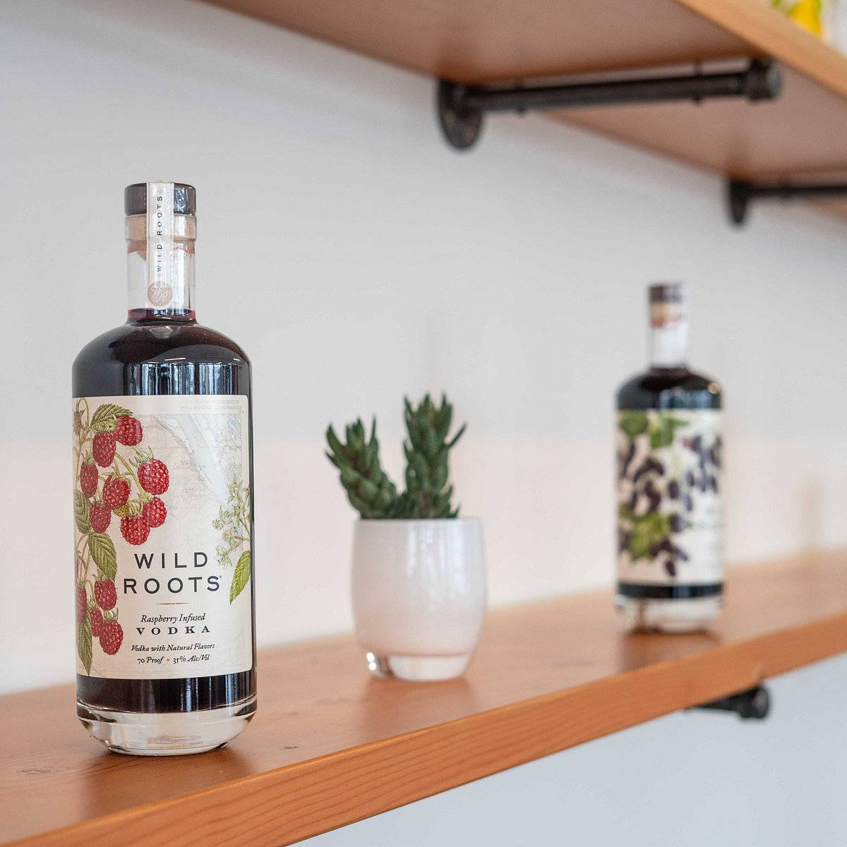 bottle 桌布 壁紙 — 一瓶Wild Roots Raspberry Infused Vodka放在木架上，旁邊有一小盆多肉植物和另一瓶酒。