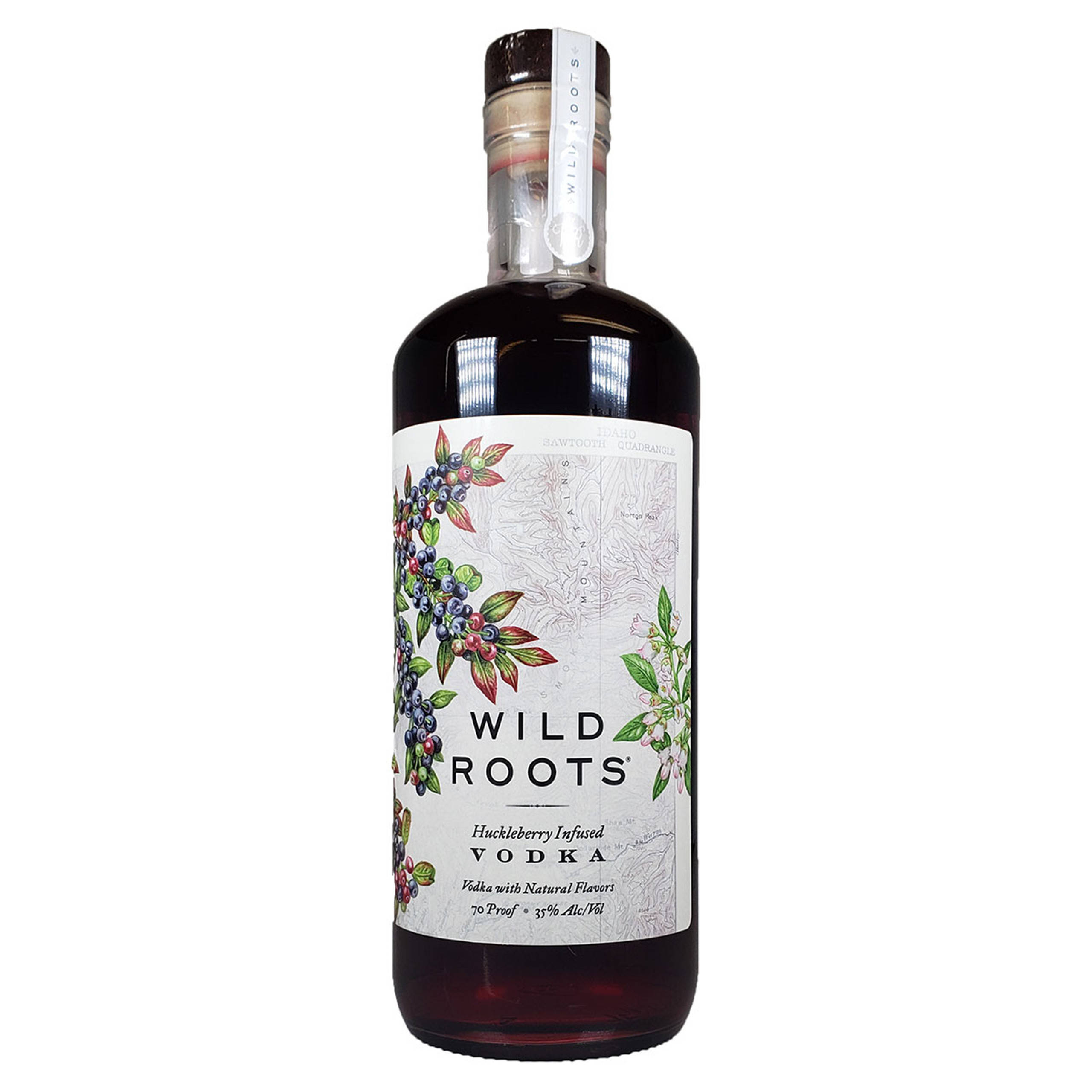 bottle 桌布 壁紙 — 一瓶Wild Roots哈克莓注入伏特加，帶有植物插圖和地形圖標籤。